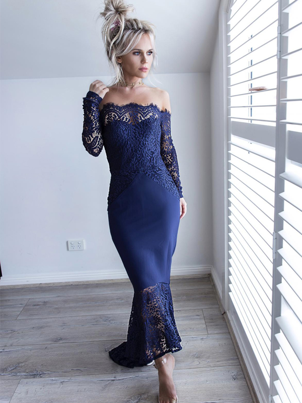 navy blue lace off the shoulder dress