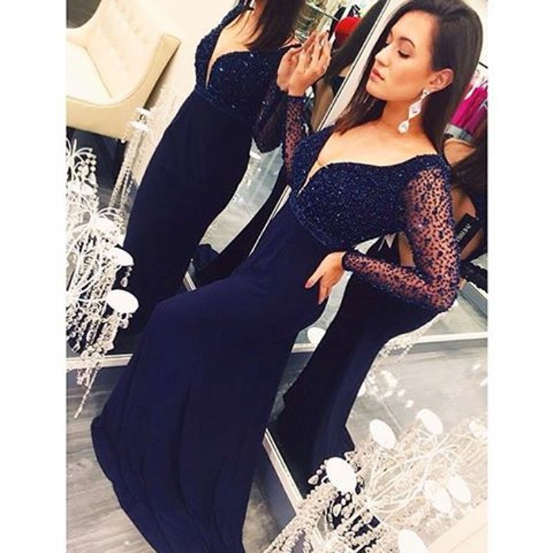 navy blue long sleeve mermaid dress