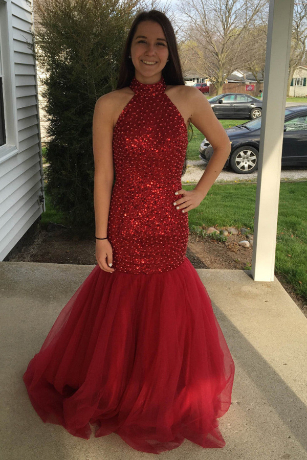 halter neck mermaid prom dress